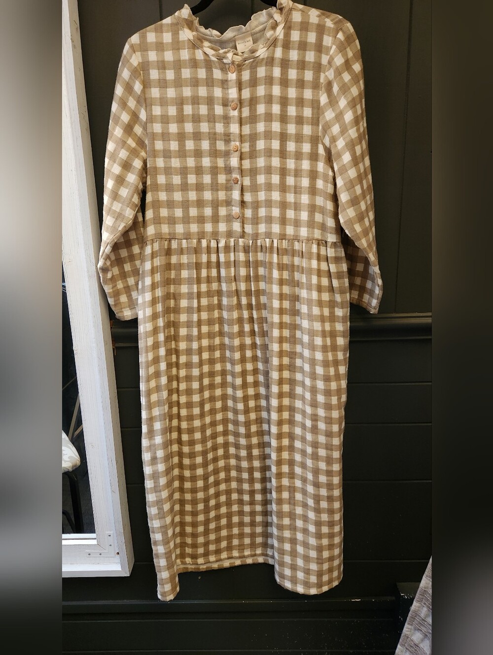 Studio Boheme Long Sleeve Tan Linen Check Dress